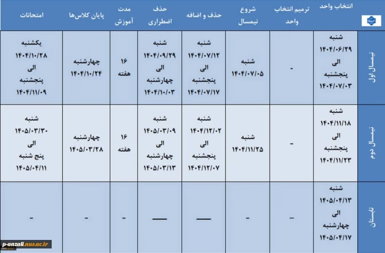 تقویم آموزشی سال تحصیلی 1405-1404 دانشگاه ملی مهارت