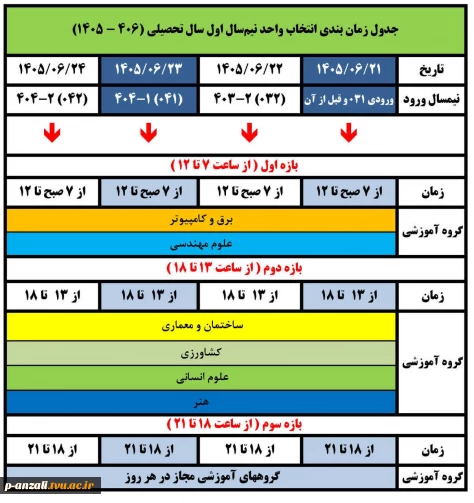 جدول انتخاب واحد نیمسال اول سال تحصیلی 1406-1405