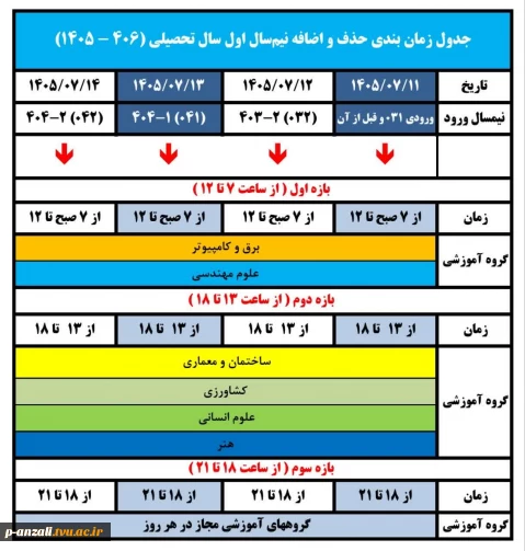 جدول زمان‌بندی حذف و اضافه نیم‌سال اول سال تحصیلی ۱۴۰۵/۱۴۰۶. (۰۵۱)